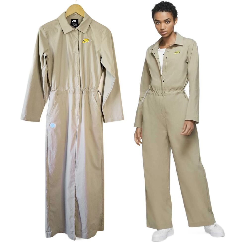 NIKE Sportswear Womens XS Jumpsuit Coveralls Stone Beige Tan Utility Long Sleeve